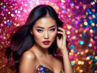 Naklejka premium Glamorous Asian model in sparkling attire poses against vibrant bokeh backgrounds, perfect for high-fashion editorial and beauty campaigns.