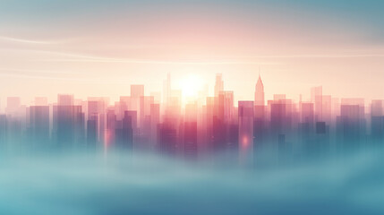 Fototapeta premium A city skyline with a pink and orange sunset in the background