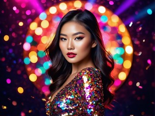 Glamorous Asian model in sparkling attire poses against vibrant bokeh backgrounds, perfect for high-fashion editorial and beauty campaigns.
