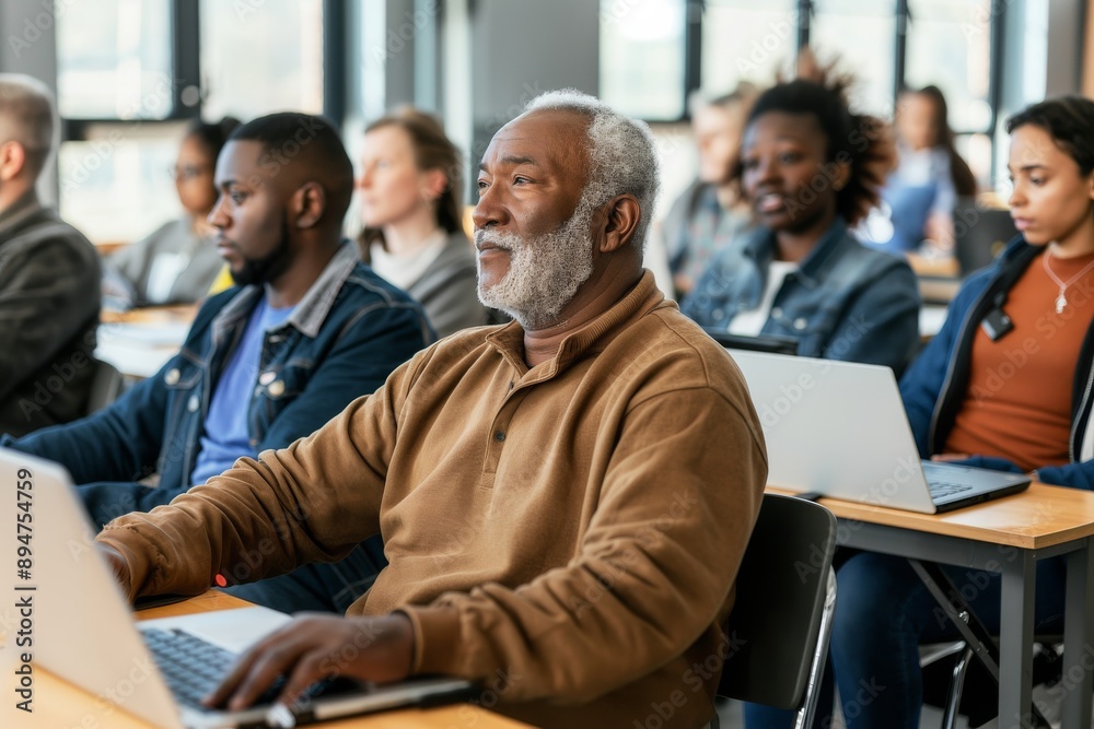 Aufkleber In a diverse classroom, students collaborate using laptops for interactive learning in modern education, creating enriching academic experiences with the help of advanced technology