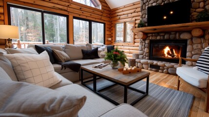 Fototapeta premium A warm and inviting log cabin living room featuring a stone fireplace, large windows with nature views, neutral-toned seating area with throws and cushions.