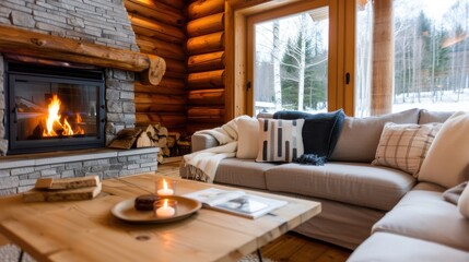 Fototapeta premium An inviting log cabin living room with a stone fireplace, a large window offering a snowy landscape view, and a comfy sofa with soft pillows and throws for relaxation.