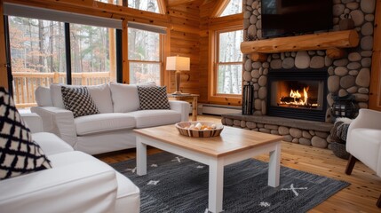 A bright log cabin living room with large windows offering nature views, a stone fireplace, and contemporary white furniture with wooden and rustic design accents.