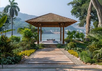 A serene yoga pavilion surrounded by tropical gardens with a view of the Ganges River in India