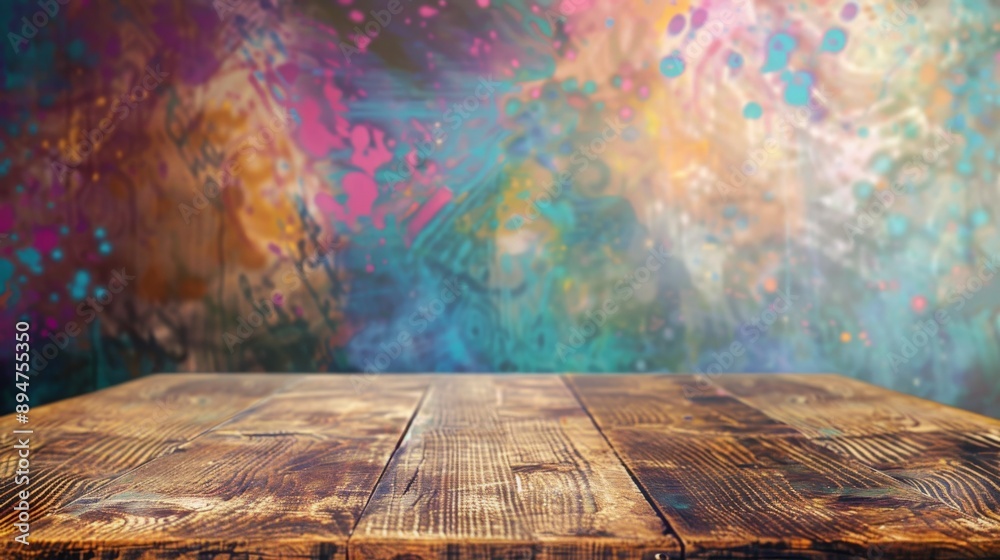 Aufkleber a wooden table sits in front of a colorful, abstract background.