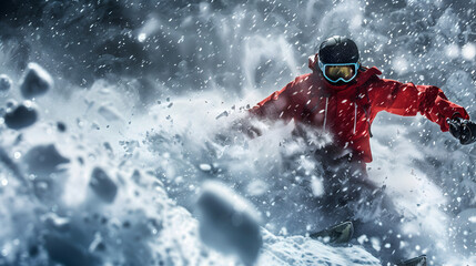Naklejka premium Winter Sports Action: A thrilling shot of an athlete engaging in a winter sport, such as skiing, snowboarding, or ice skating. The image should capture the speed, skill, and excitement of the activity