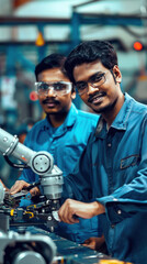 Technicians programming robotic arm in factory setting.