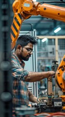Engineer working with robotic arm in modern factory