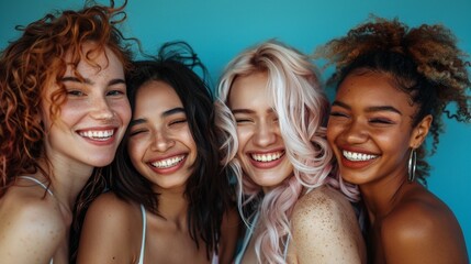 Obraz premium Several women stand together, smiling, enjoying a moment of happiness