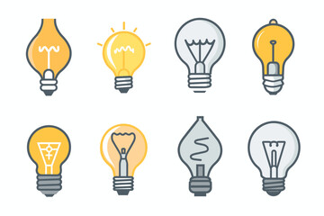 A set of light bulb icon on white background. Idea symbol. Electric lamp, light, innovation, solution, creative thinking, electricity. Outline, flat and colored style. Flat design