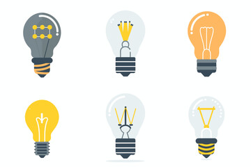 A set of light bulb icon on white background. Idea symbol. Electric lamp, light, innovation, solution, creative thinking, electricity. Outline, flat and colored style. Flat design