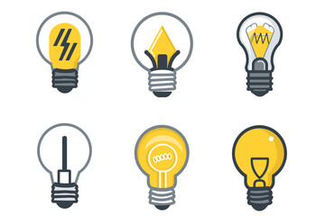 A set of light bulb icon on white background. Idea symbol. Electric lamp, light, innovation, solution, creative thinking, electricity. Outline, flat and colored style. Flat design