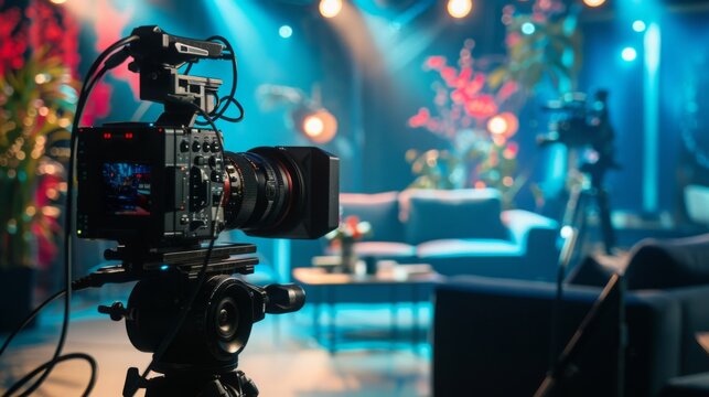 A professional video camera is set up on a tripod, capturing footage of a live event taking place on a stage.