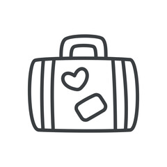 Cute suitcase icon. Hand drawn monochrome illustration of a retro leather briefcase isolated on a white background. Travel concept. Vector 10 EPS.