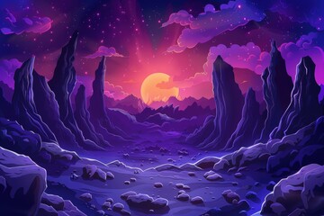 Rocky moon landscape with purple sky and setting sun