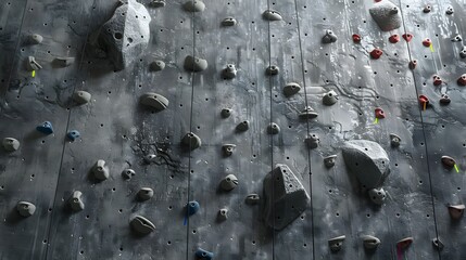 Grey wall with climbing holds in gym.