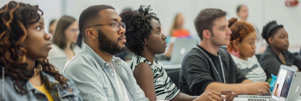 Aufkleber In a university classroom, a diverse group of students is attentively participating in a lecture, using laptops for their academic development and showing a keen interest in learning