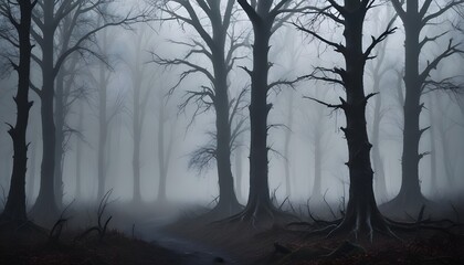 Obraz premium a dark and moody landscape featuring a dense fog rolling over a bleak forest with twisted trees, the atmosphere heavy with an eerie silence