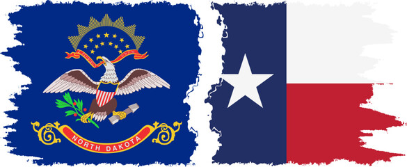 Texas and North Dakota states grunge brush flags connection, vector