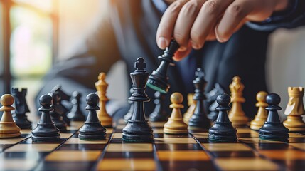 A businessman strategically moving chess pieces on a board, symbolizing strategic thinking, planning, and decision-making in business.