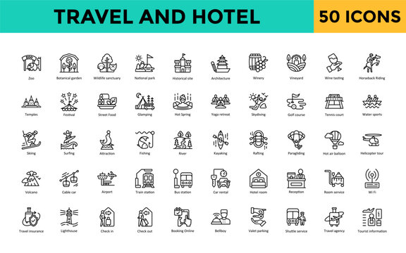 Travel and Hotel icon set with zoo, botanical garden, wildlife sanctuary, national park, historical site, architecture, winery, vineyard, wine tasting, horseback riding icon. Simple line vector 
