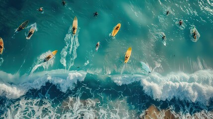 Aerial shot showing surfers on their boards, scattered in the turquoise waters, waiting for the next wave.