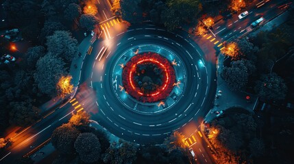 Captured by a drone, car lights create bright circles in contrast with the dark asphalt.