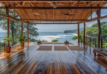 An open-air yoga shala with wooden floors and views of the Pacific Ocean in Costa Rica