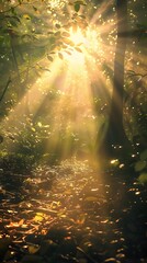 Obraz premium Radiant Sun Rays Illuminating a Tranquil Forest Path with Beams of Light Dancing Through the Lush Foliage