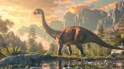 Majestic dinosaur in a prehistoric landscape, highlighting its ancient and awe-inspiring presence