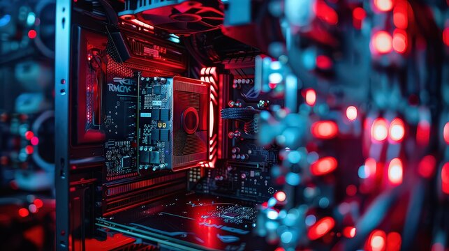  open computer case from the past filled with large, outdated components compared to a new, streamlined case with advanced cooling systems and compact parts.