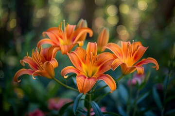 Obraz premium Vibrant Flame Lilies in Full Bloom Against Lush Natural Backdrop
