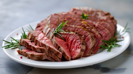 Fototapeta premium Artfully Sliced Roast Beef on Pristine White Plate,Gourmet Food Presentation
