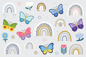 Summer butterfly, flowers, rainbows. Hand drawn cute cartoon summer characters isolated on light background. Color insect clipart. Baby shower design elements. Party invitation, birthday celebration. 