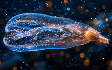 Bioluminescent comb jelly pulsating in dark ocean depths, 