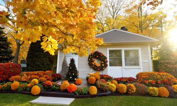A front yard decorated for autumn 4K Video