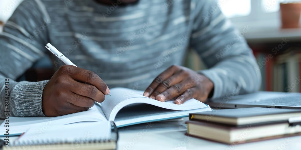 Poster a focused man, wearing a gray sweater, is seen writing in a notebook at his desk, surrounded by book