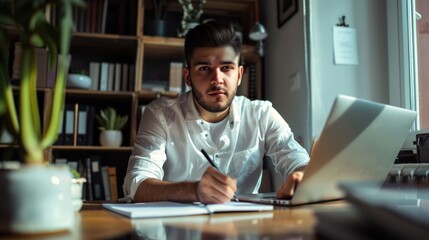 Fototapeta premium Man working with focus in an office with plants.