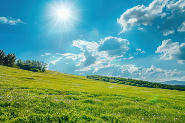 Smooth meadow on the hill with blue sky, beautiful landscape