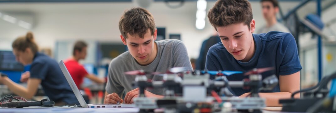 A team of university engineering students is working on an advanced drone project to enhance their technical skills, teamwork, and innovation in a handson lab environment, nurturing growth