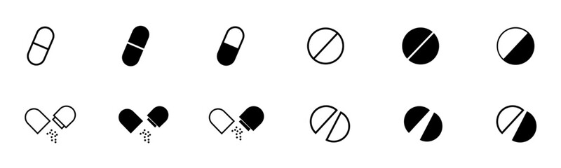 Set of simple vector pill icons. Round and elongated pill icons. Medicine and pharmaceutical symbol. EPS 10