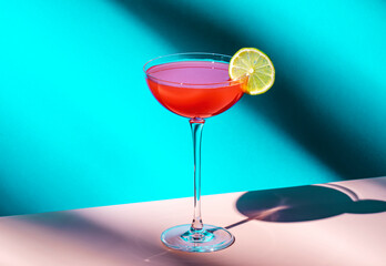 Siesta alcoholic cocktail drink with silver tequila, grapefruit and lime juice, syrup and italian red bitter liqueur, summer blue bright background, hard light and shadows