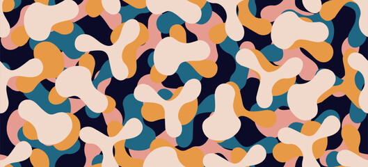 Colorful Seamless Abstract Pattern on blue Background,  trendy design with basic shapes. Modern color wallpaper print backdrop.