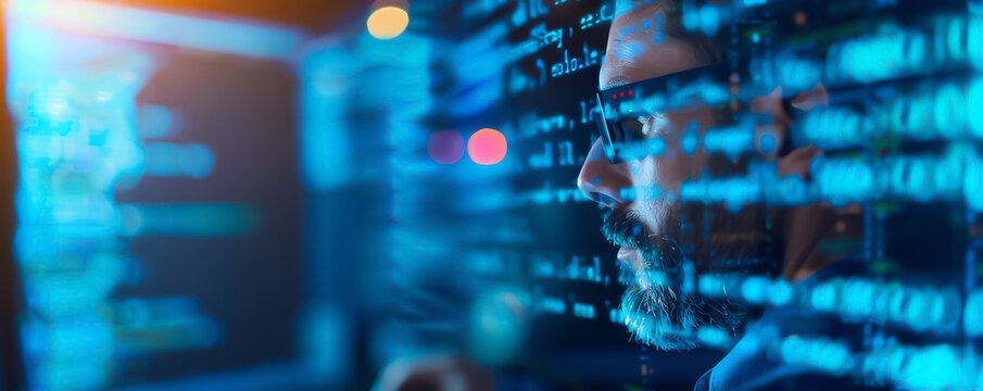 A programmer working with code on a dual monitor setup, illustrating the intricacies of data management and software development