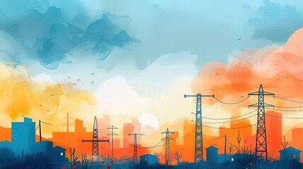 Obraz premium A vibrant sunset skyline with silhouettes of power lines and buildings, creating a dramatic urban atmosphere.