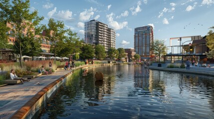 Obraz premium Generate a photo realistic image of revitalized urban waterfronts with recreational areas, restaurants, and public art; ensure the image is of high resolution for clear and detailed quality