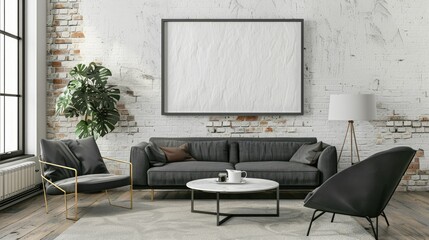Stylish and cozy living room with modern furniture and a blank canvas frame on a white textured backdrop