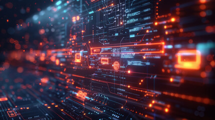 Fototapeta premium AI cyber security, Dynamic virtual landscape with reinforced firewall and secure connections to central server, showcasing AI cyber security.