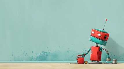 Fototapeta premium A colorful robot painting a wall with a playful and creative touch, showcasing a whimsical and imaginative environment.