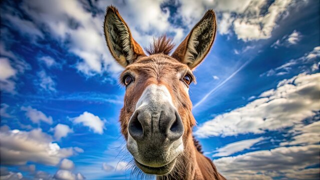 Close-up photo of a donkey head taken from below, donkey, head, animal, close-up, mammal, portrait, farm, brown, ears, eyes